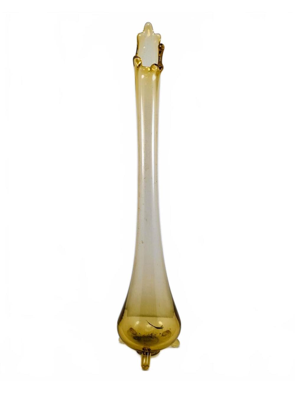 Vtg L.E. Smith Amber 3 Toe Footed Swung Glass Vase 16.5"